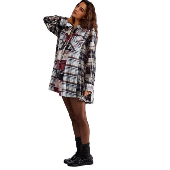 Free People Penny Plaid Mini Shirtdress Embellished Red Blue Beaded size Medium - Picture 2 of 15